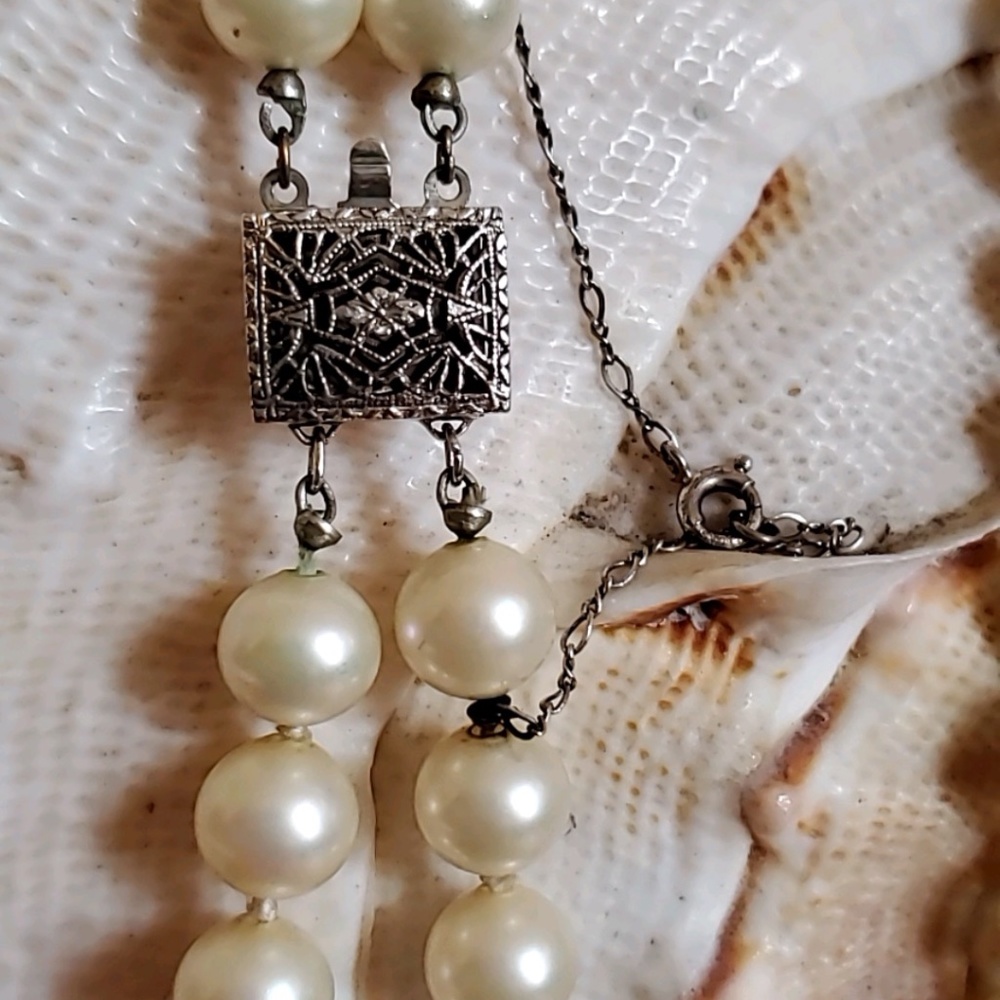 Faux Double Strand Pearl Necklace with Sterling Clasp